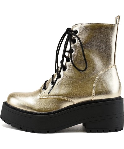 FLING Women Chunky Lug Sole Lace up Fashion Combat Ankle Boot w/Side Zipper Gold Metallic Pu $15.15 Boots