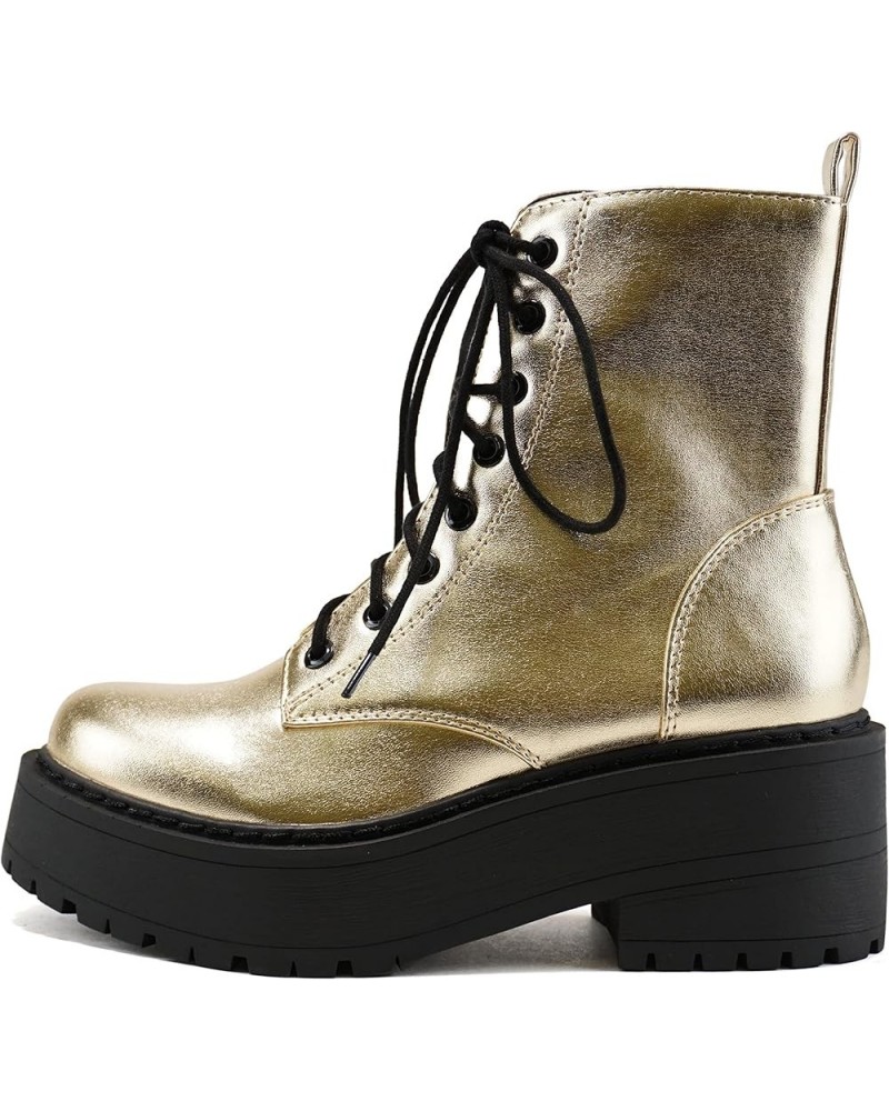 FLING Women Chunky Lug Sole Lace up Fashion Combat Ankle Boot w/Side Zipper Gold Metallic Pu $15.15 Boots