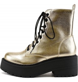 FLING Women Chunky Lug Sole Lace up Fashion Combat Ankle Boot w/Side Zipper Gold Metallic Pu $15.15 Boots