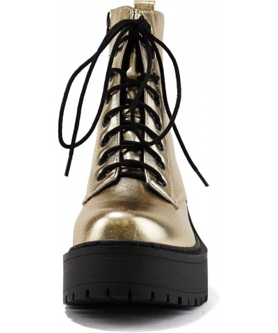 FLING Women Chunky Lug Sole Lace up Fashion Combat Ankle Boot w/Side Zipper Gold Metallic Pu $15.15 Boots