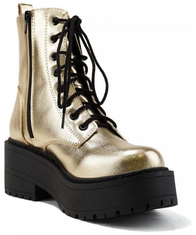 FLING Women Chunky Lug Sole Lace up Fashion Combat Ankle Boot w/Side Zipper Gold Metallic Pu $15.15 Boots