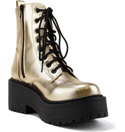 FLING Women Chunky Lug Sole Lace up Fashion Combat Ankle Boot w/Side Zipper Gold Metallic Pu $15.15 Boots