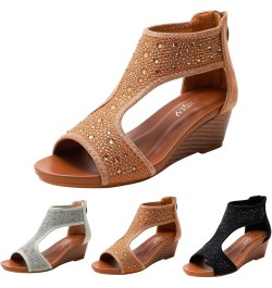 Fashion Spring Summer Women Sandals Wedge Heel Open Toe Breathable Back Zipper Comfortable Solid Rhinestone Roman Style Platf...