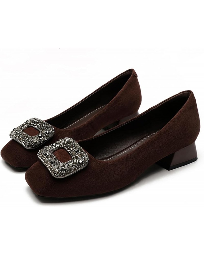 Women's Rhinestones Suede Chunky Heel Pumps Slip-On Closed Toe Square Office Work Wedding Shoes Brown $24.74 Pumps