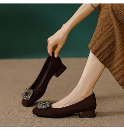 Women's Rhinestones Suede Chunky Heel Pumps Slip-On Closed Toe Square Office Work Wedding Shoes Brown $24.74 Pumps