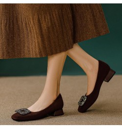 Women's Rhinestones Suede Chunky Heel Pumps Slip-On Closed Toe Square Office Work Wedding Shoes Brown $24.74 Pumps