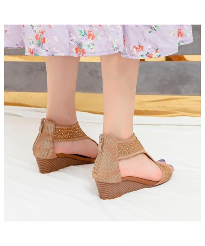 Fashion Spring Summer Women Sandals Wedge Heel Open Toe Breathable Back Zipper Comfortable Solid Rhinestone Roman Style Platf...