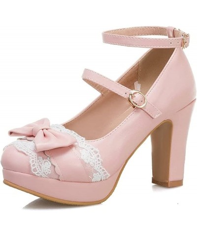 Bridal Princess Pumps Shoes for Buckle Closed Toe PU Leather Shoes High Block Heel Ankle Strap Cute Bowtie Shoes Pink $34.80 ...