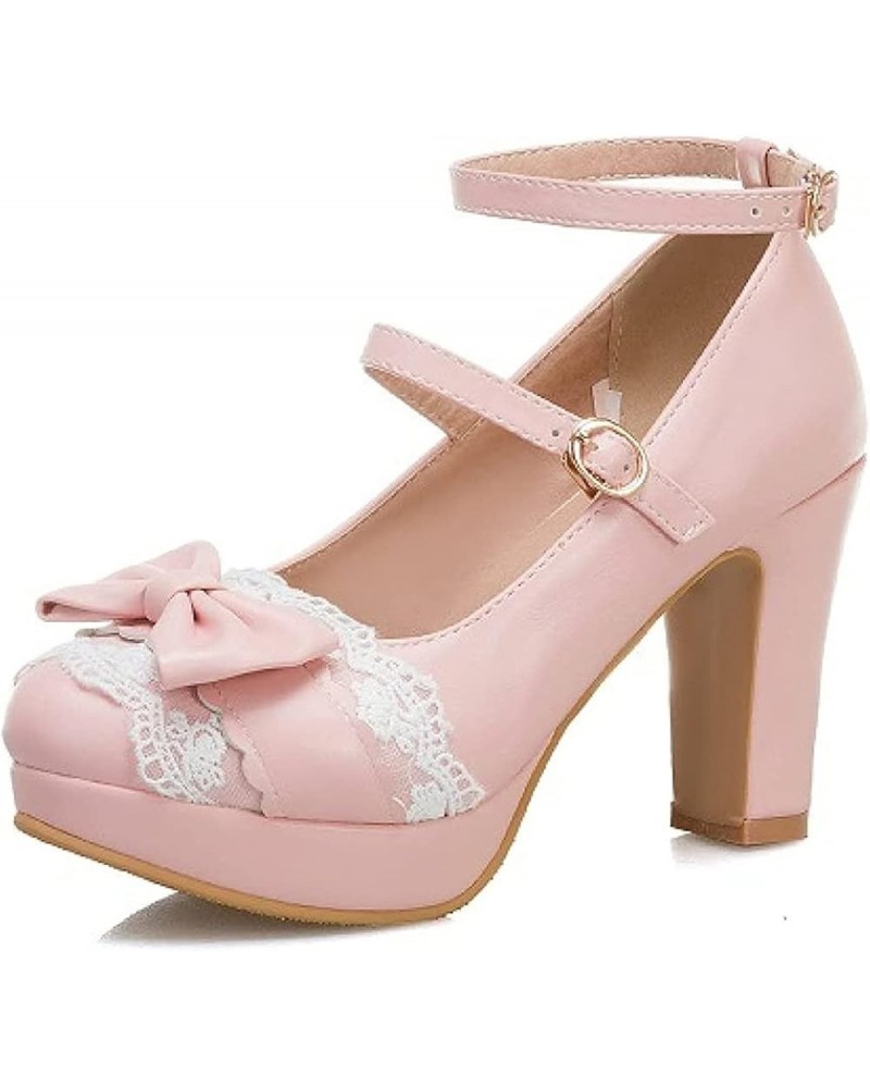 Bridal Princess Pumps Shoes for Buckle Closed Toe PU Leather Shoes High Block Heel Ankle Strap Cute Bowtie Shoes Pink $34.80 ...