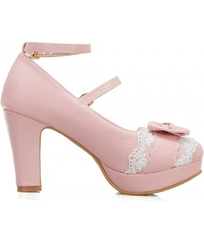 Bridal Princess Pumps Shoes for Buckle Closed Toe PU Leather Shoes High Block Heel Ankle Strap Cute Bowtie Shoes Pink $34.80 ...