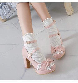 Bridal Princess Pumps Shoes for Buckle Closed Toe PU Leather Shoes High Block Heel Ankle Strap Cute Bowtie Shoes Pink $34.80 ...