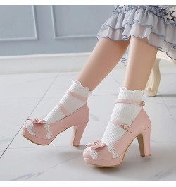 Bridal Princess Pumps Shoes for Buckle Closed Toe PU Leather Shoes High Block Heel Ankle Strap Cute Bowtie Shoes Pink $34.80 ...