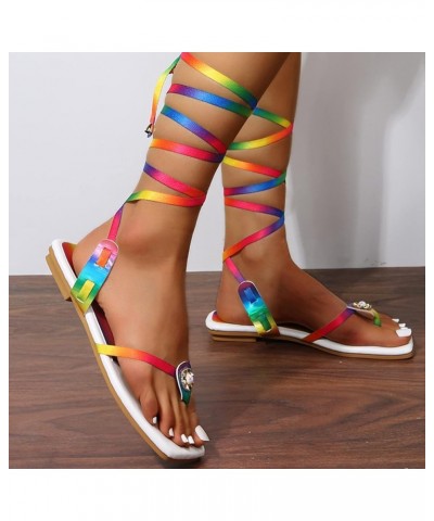 4th of July Sandals for Women, Women's Flat Sandals Lace-up Clip Toe Gladiator Sandals Party Sexy Beach Sandals White $13.37 ...