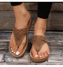 slide on sneakers for women, Women's Shoes Round Toe Fashion Flip Flops Wedge Comfortable Casual Sandals Z 15-brown $12.49 Fa...