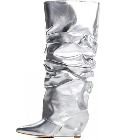 Fold Over Slouch Boots for Women Wedge Heel Knee High Boots Pointed Toe Silver $36.03 Boots