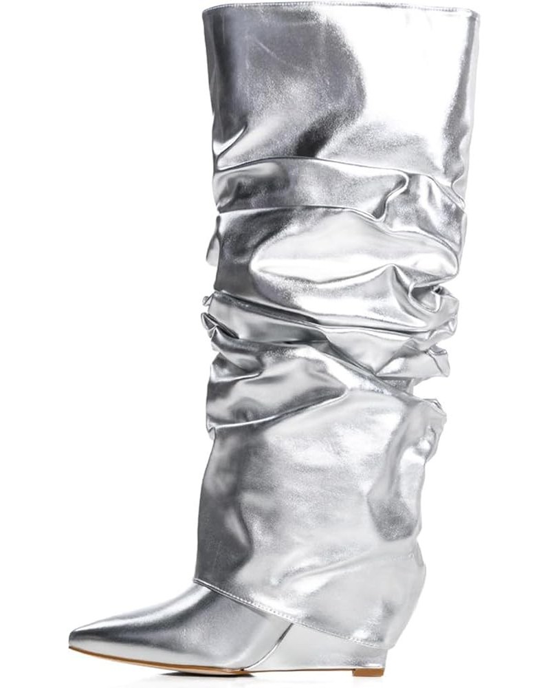 Fold Over Slouch Boots for Women Wedge Heel Knee High Boots Pointed Toe Silver $36.03 Boots