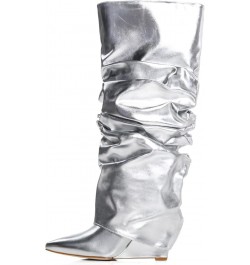 Fold Over Slouch Boots for Women Wedge Heel Knee High Boots Pointed Toe Silver $36.03 Boots