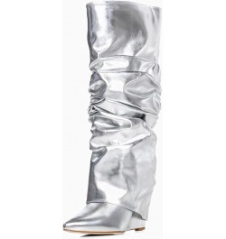 Fold Over Slouch Boots for Women Wedge Heel Knee High Boots Pointed Toe Silver $36.03 Boots