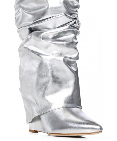 Fold Over Slouch Boots for Women Wedge Heel Knee High Boots Pointed Toe Silver $36.03 Boots