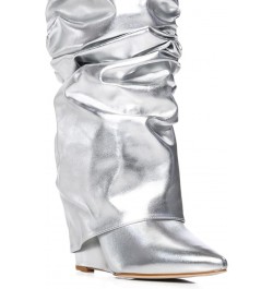 Fold Over Slouch Boots for Women Wedge Heel Knee High Boots Pointed Toe Silver $36.03 Boots