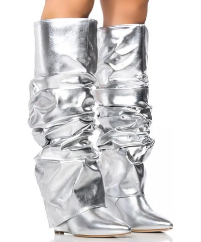 Fold Over Slouch Boots for Women Wedge Heel Knee High Boots Pointed Toe Silver $36.03 Boots