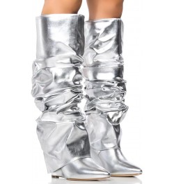 Fold Over Slouch Boots for Women Wedge Heel Knee High Boots Pointed Toe Silver $36.03 Boots