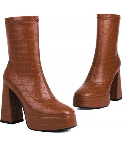 Faux Crocodile Boots Platform Mid Calf Boots High Heel Square Toe Chunky Boots for Women Brown $45.56 Boots