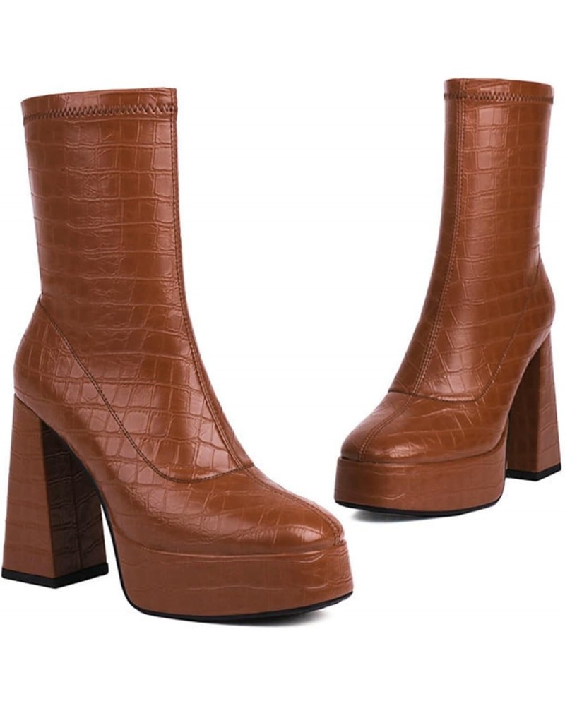 Faux Crocodile Boots Platform Mid Calf Boots High Heel Square Toe Chunky Boots for Women Brown $45.56 Boots