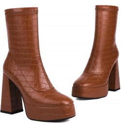 Faux Crocodile Boots Platform Mid Calf Boots High Heel Square Toe Chunky Boots for Women Brown $45.56 Boots