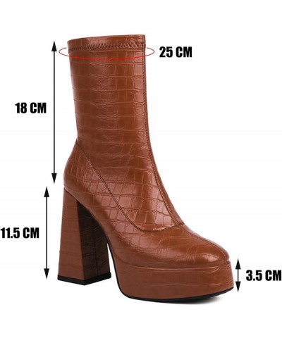 Faux Crocodile Boots Platform Mid Calf Boots High Heel Square Toe Chunky Boots for Women Brown $45.56 Boots