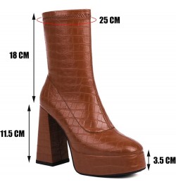 Faux Crocodile Boots Platform Mid Calf Boots High Heel Square Toe Chunky Boots for Women Brown $45.56 Boots