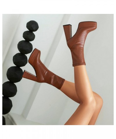 Faux Crocodile Boots Platform Mid Calf Boots High Heel Square Toe Chunky Boots for Women Brown $45.56 Boots