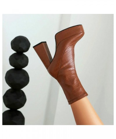 Faux Crocodile Boots Platform Mid Calf Boots High Heel Square Toe Chunky Boots for Women Brown $45.56 Boots