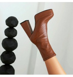 Faux Crocodile Boots Platform Mid Calf Boots High Heel Square Toe Chunky Boots for Women Brown $45.56 Boots