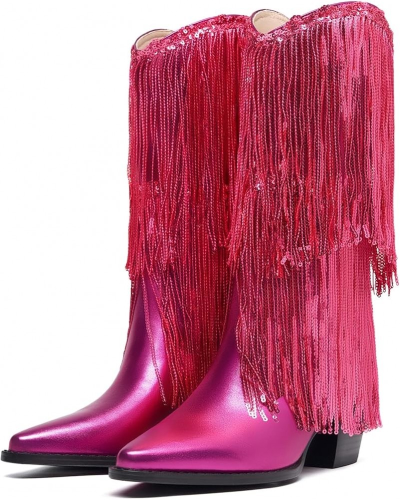 Women's Rhinestone Embellished Mid-Calf Boots, Size 5-15, Silver, Pink, Fuchsia, Black Hotpink $35.49 Boots