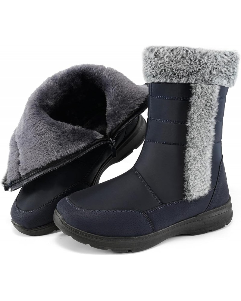 Snow Boots for Women Winter: Waterproof Lightweight Mid Calf Boots - Warm Fur Lined Outdoor Womens Boots With Zipper Dark Blu...