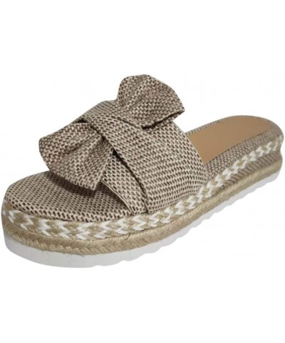 Sandals for Women Dressy Summer 2023， Slip-On Bow Flat Open Toe Breathable Weave Beach Shoes Khaki $17.59 Sandals