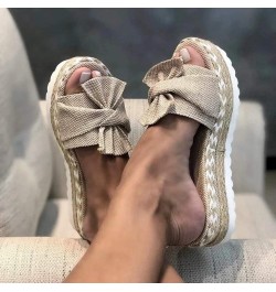 Sandals for Women Dressy Summer 2023， Slip-On Bow Flat Open Toe Breathable Weave Beach Shoes Khaki $17.59 Sandals