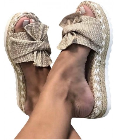 Sandals for Women Dressy Summer 2023， Slip-On Bow Flat Open Toe Breathable Weave Beach Shoes Khaki $17.59 Sandals