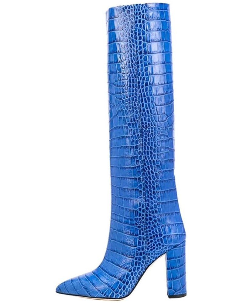 Knee High Western Boots for Women Winter Leather Shoes Pointed Toe Block High Heel Tall Boot Blue $34.67 Boots