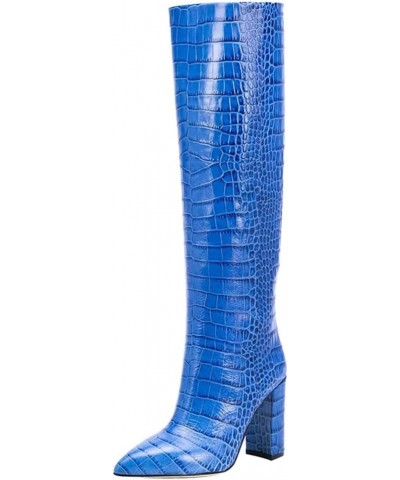 Knee High Western Boots for Women Winter Leather Shoes Pointed Toe Block High Heel Tall Boot Blue $34.67 Boots