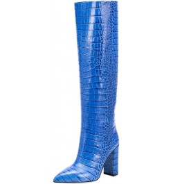 Knee High Western Boots for Women Winter Leather Shoes Pointed Toe Block High Heel Tall Boot Blue $34.67 Boots