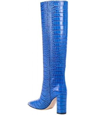 Knee High Western Boots for Women Winter Leather Shoes Pointed Toe Block High Heel Tall Boot Blue $34.67 Boots