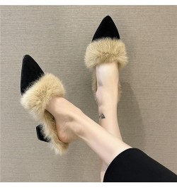 Stylish Ladies Pointed Toe Suede Backless Mule Slippers for Women Slip-Ons Chunky Heels Fur Lining Warm Fleece Pumps for Wint...