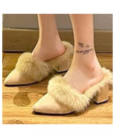 Stylish Ladies Pointed Toe Suede Backless Mule Slippers for Women Slip-Ons Chunky Heels Fur Lining Warm Fleece Pumps for Wint...