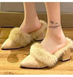 Stylish Ladies Pointed Toe Suede Backless Mule Slippers for Women Slip-Ons Chunky Heels Fur Lining Warm Fleece Pumps for Wint...