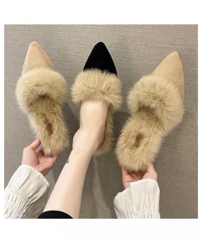 Stylish Ladies Pointed Toe Suede Backless Mule Slippers for Women Slip-Ons Chunky Heels Fur Lining Warm Fleece Pumps for Wint...