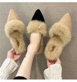 Stylish Ladies Pointed Toe Suede Backless Mule Slippers for Women Slip-Ons Chunky Heels Fur Lining Warm Fleece Pumps for Wint...