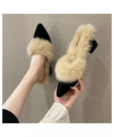 Stylish Ladies Pointed Toe Suede Backless Mule Slippers for Women Slip-Ons Chunky Heels Fur Lining Warm Fleece Pumps for Wint...