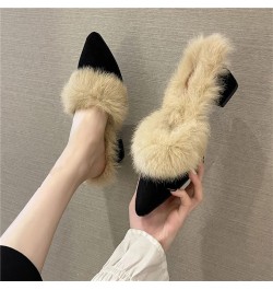 Stylish Ladies Pointed Toe Suede Backless Mule Slippers for Women Slip-Ons Chunky Heels Fur Lining Warm Fleece Pumps for Wint...